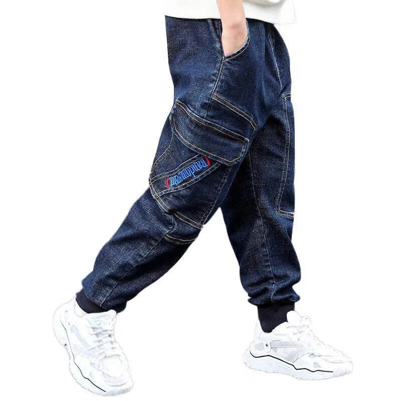 nvxiot New 3-14T Boy Jeans Dark Blue Denim Pants for Kids Trousers Teenage Clothing Elastic Waist Boy Cargo Pants Boy Jeans