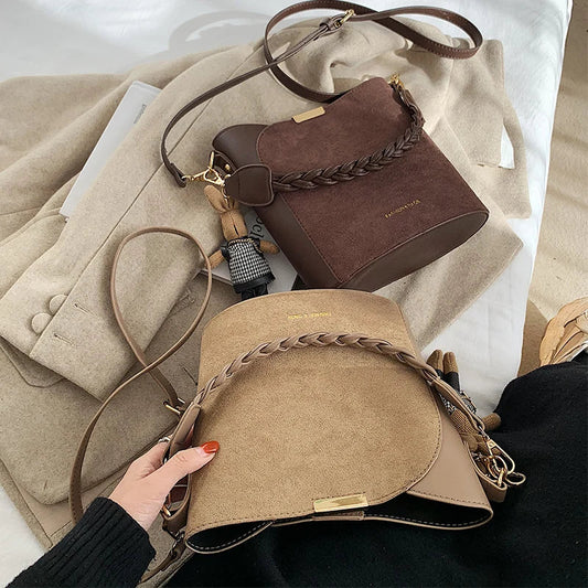 nvxiot Premium Vintage Bucket Bags Women Autumn Winter Fashion All Match Shoulder Crossbody Bag New Trend Casual Frosted Pack