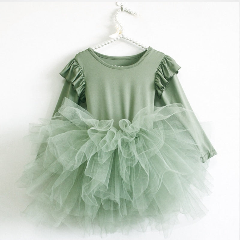 Baby Girl Princess Tulle Dress Fluffy Long Sleeve Infant Toddler Puffy Dress Tutu Black Green Party Pageant Dance Clothes 1-10Y