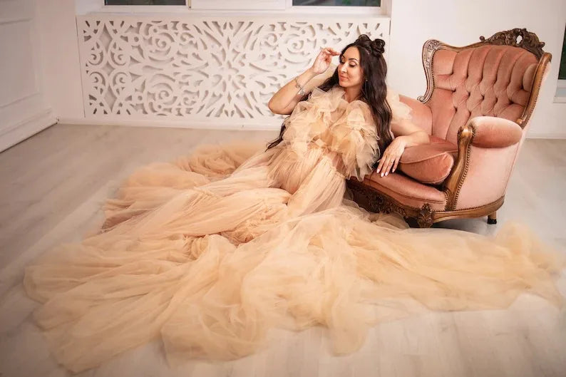 nvxiot  -  Chic Pregnancy Photoshoot Women Dress Fluffy Tulle Maternity Gown 2024 Beige Long Train Maternity Dresses Babyshower Robe Custom