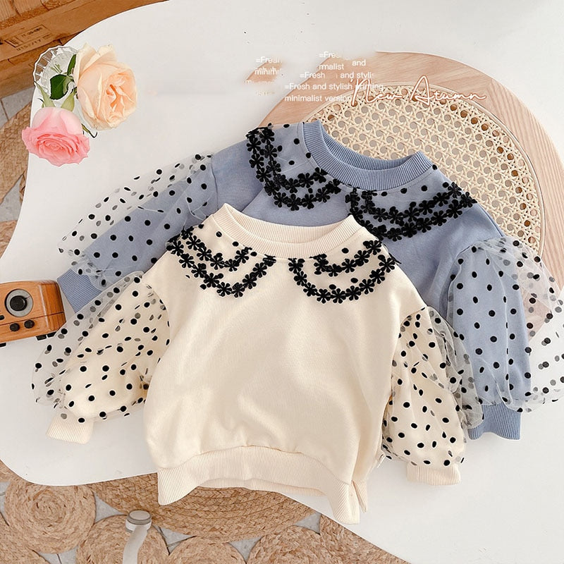 Autumn New Girls Blouse Puff Sleeve Girls Shirts Lace Dot Base Tops Kids Outfit