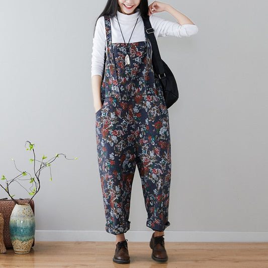 nvxiot Vintage washed denim jumpsuit printed long wide leg harem Pants plus size loose Jumpsuit for women adjustable patchwork overalls