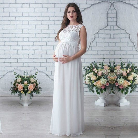 nvxiot Pregnant Women Lace Chiffon Wedding Dress Pregnancy Crew Neck Sleeveless Dresses Maternity Photo Shoot Photography Prop Clothes