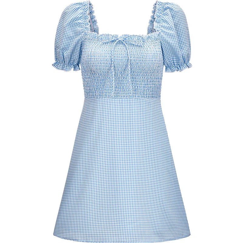 nvxiot  -  Little Fresh Pleated Blue White Plaid Bubble Sleeve Square Neck Short Sleeve A-line Dress