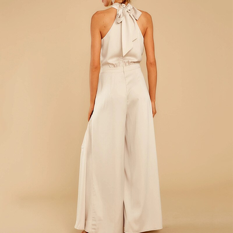 nvxiot Women Jumpsuits Summer Fashion Elegant Halter Bow Cut Out Shoulder High Waist White Wide Leg Pants Long Trousers Boot Cut