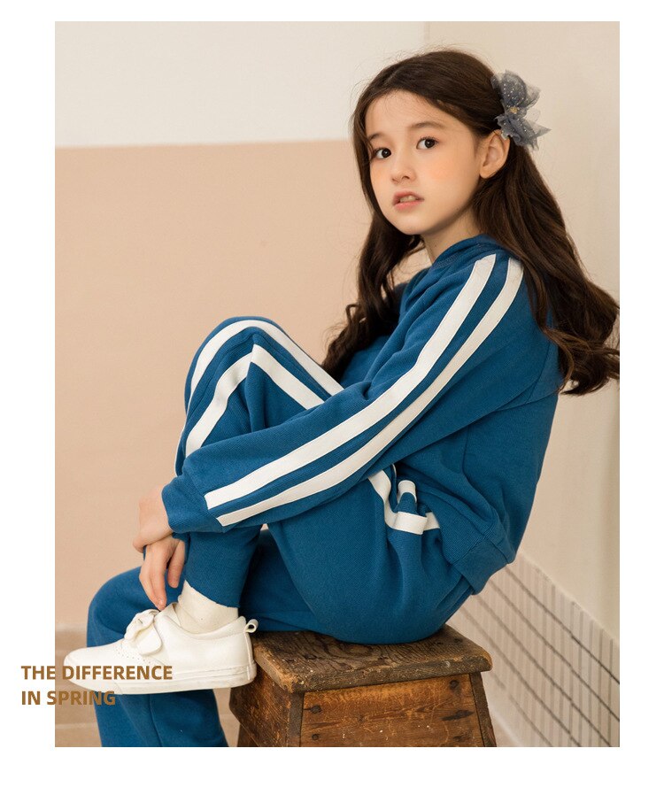 nvxiot Teens Girls Clothing Sets Striped Solid Hoodies Tops Sports Pants Two-piece Kids Casual Loose Tracksuit Children's Outfits 12 Y