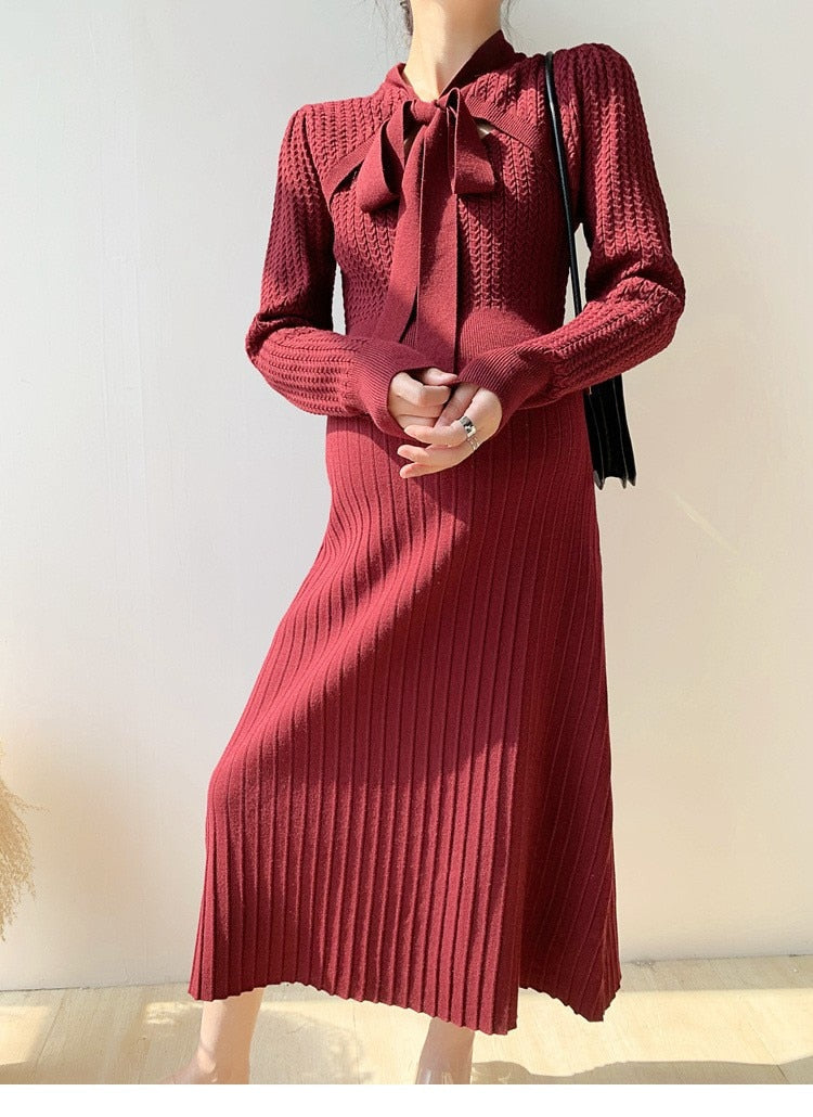 Maternity Dresses Knitted Pleated Long Pregnancy Dress Casual Loose Lace bow Maternity Clothes For Pregnant Women 2022 Autumn