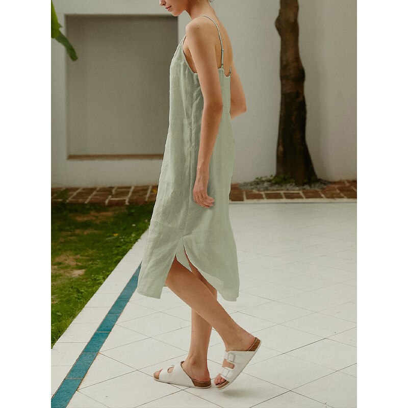 nvxiot 100% Linen Elegant Summer Women Dress Sexy Spaghetti Strap V-Neck Open Side Long Midi Dress Vestidos Female Clothing