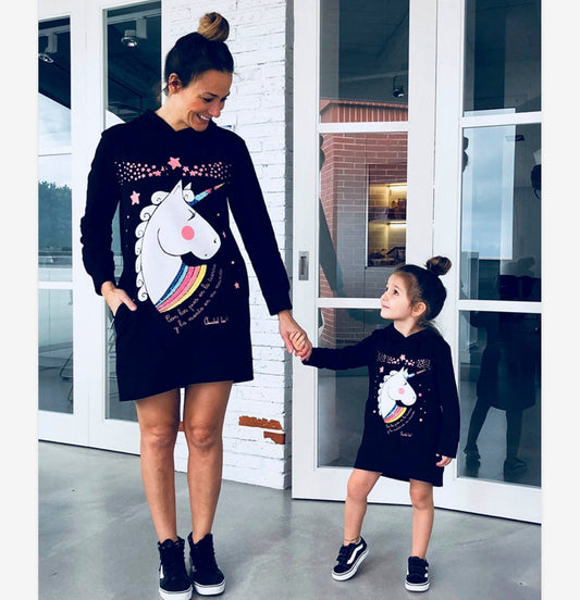 nvxiot Unicorn Family Matching Clothes Mother Daughter Dresses Women Girl Casual Long Sleeve Flower Dress Mom Kids Party Clothes