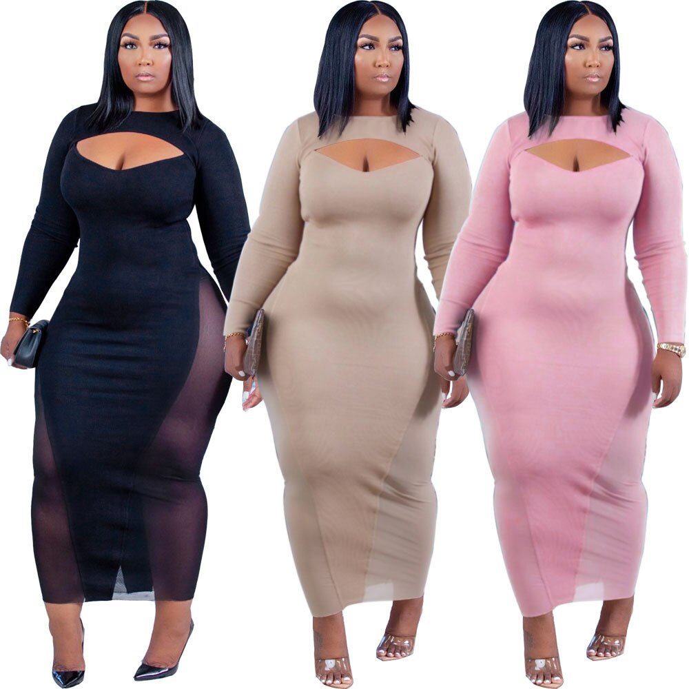 nvxiot Sexy Women Dress Black O Neck Elegant Dresses Mesh Patchwork Party Bodycon Long Sleeve Midi Dress