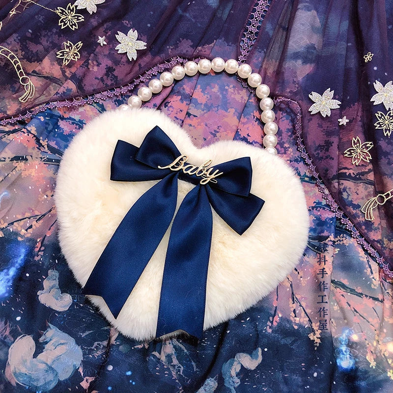 nvxiot Lolita Love Heart Shape Kawaii Plush Handbag Pearl Chain Plush Bowknot Girls Anime Cosplay Harujuku Pink White Lolitas Bags