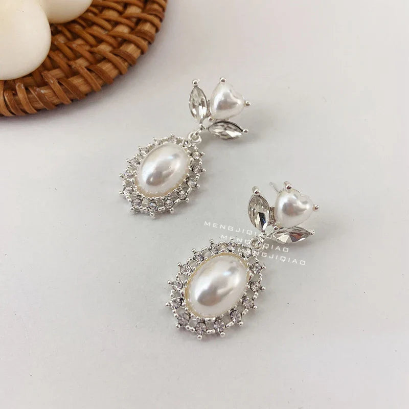 nvxiot New Korean Elegant Love Heart Pearl Dangle Pendientes For Women Fashion Crystal Drop Boucle D'oreille Jewelry Gifts