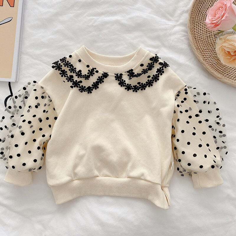 Autumn New Girls Blouse Puff Sleeve Girls Shirts Lace Dot Base Tops Kids Outfit