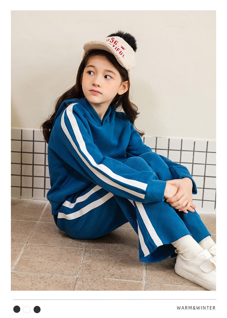 nvxiot Teens Girls Clothing Sets Striped Solid Hoodies Tops Sports Pants Two-piece Kids Casual Loose Tracksuit Children's Outfits 12 Y