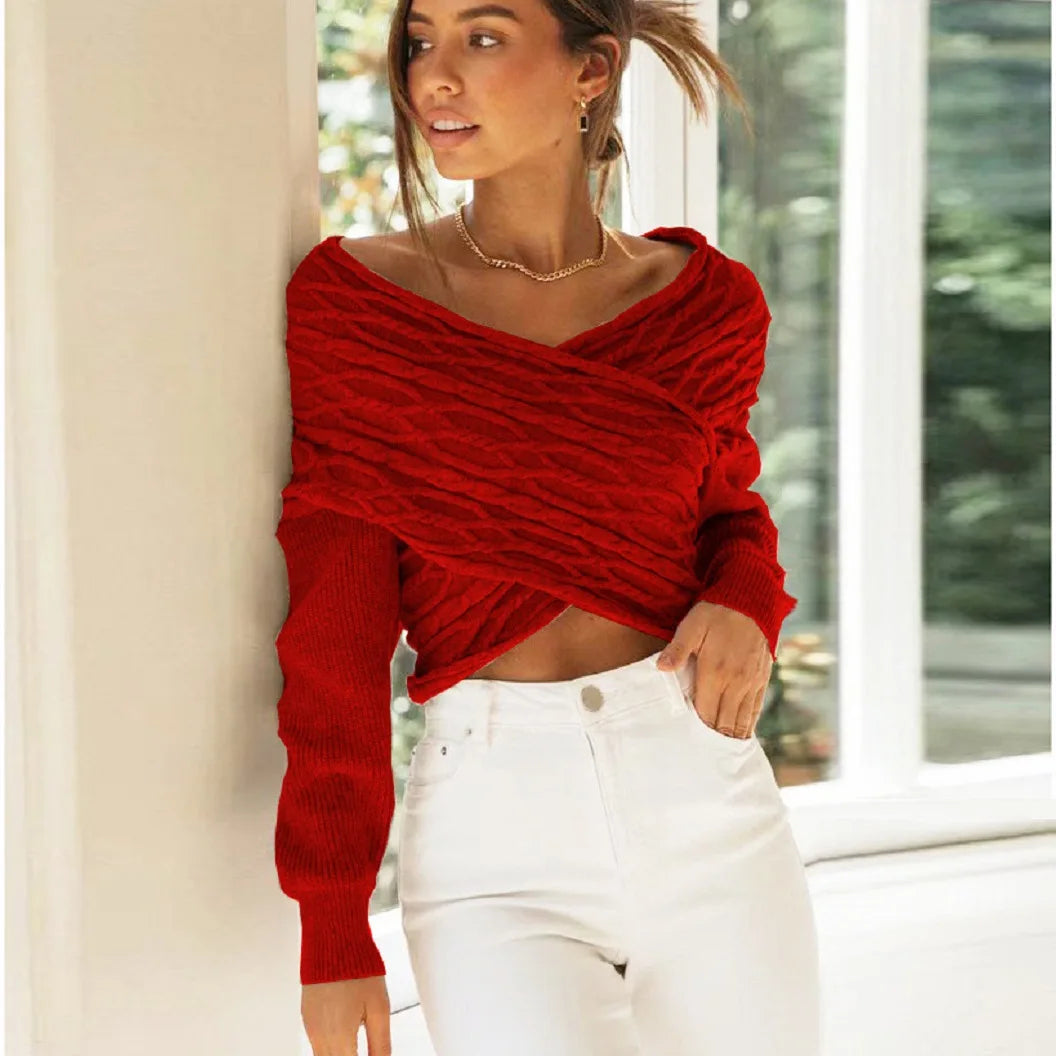 nvxiot Sexy Cross Twist Knitted Sweater Pullovers Long Sleeve Cropped Top Winter Clothes Women