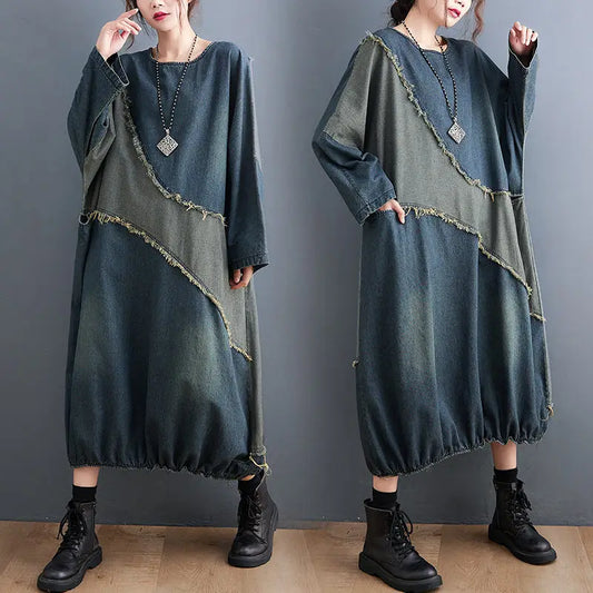 nvxiot Vintage Spring Autumn Women Clothing Contrast Color Stitching Denim Dress Raw Edge Loose Long T Shirt Female Robes M1986