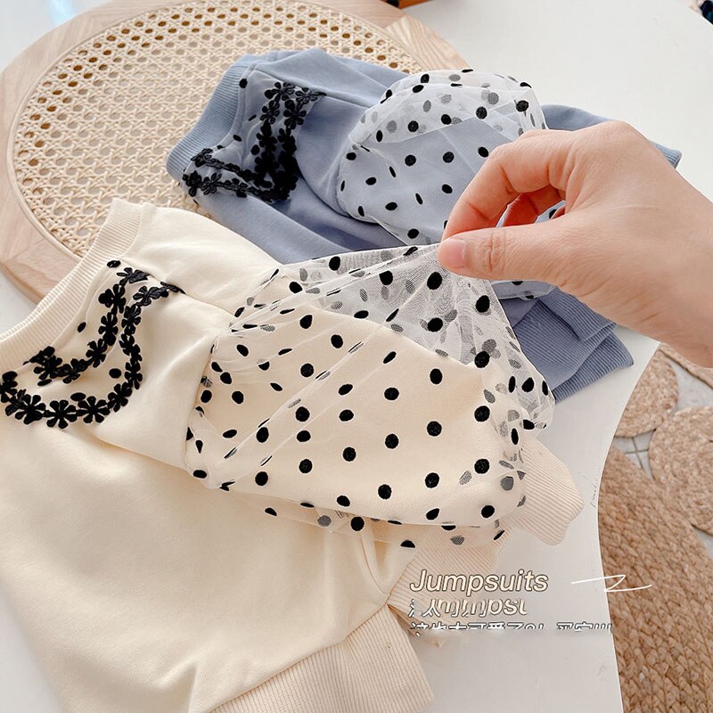 Autumn New Girls Blouse Puff Sleeve Girls Shirts Lace Dot Base Tops Kids Outfit