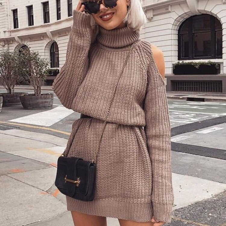 nvxiot school outfit  Turtleneck Knitwear Women's Dresses Autumn Casual Fashion Office Lady Off Shoulder Female Winter Long Sleeve Midi Sweater Dress