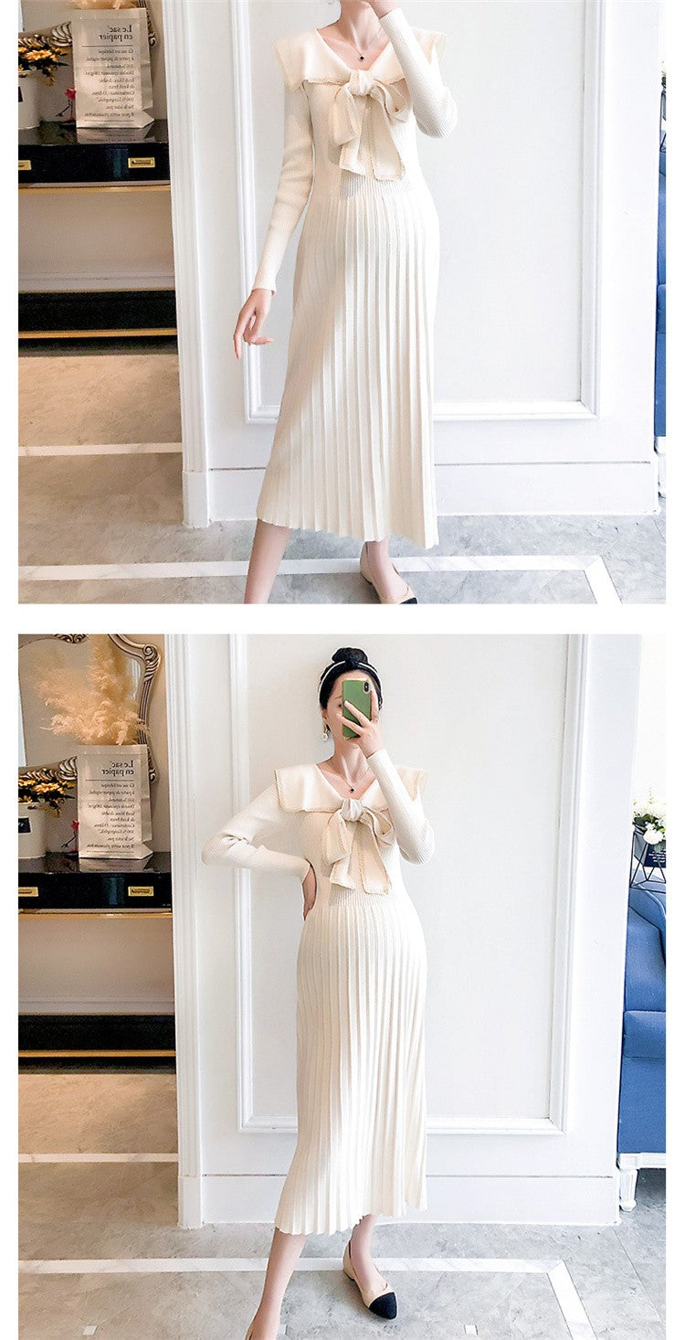 Maternity Dresses Knitted Pleated Long Pregnancy Dress Casual Loose Lace bow Maternity Clothes For Pregnant Women 2022 Autumn