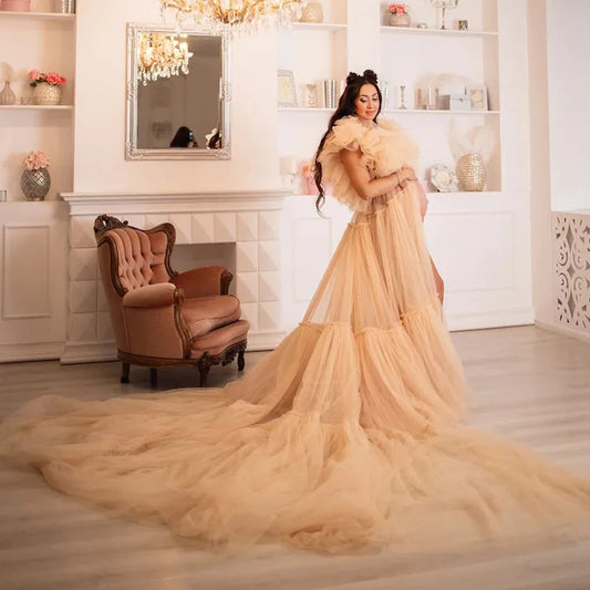 nvxiot  -  Chic Pregnancy Photoshoot Women Dress Fluffy Tulle Maternity Gown 2024 Beige Long Train Maternity Dresses Babyshower Robe Custom