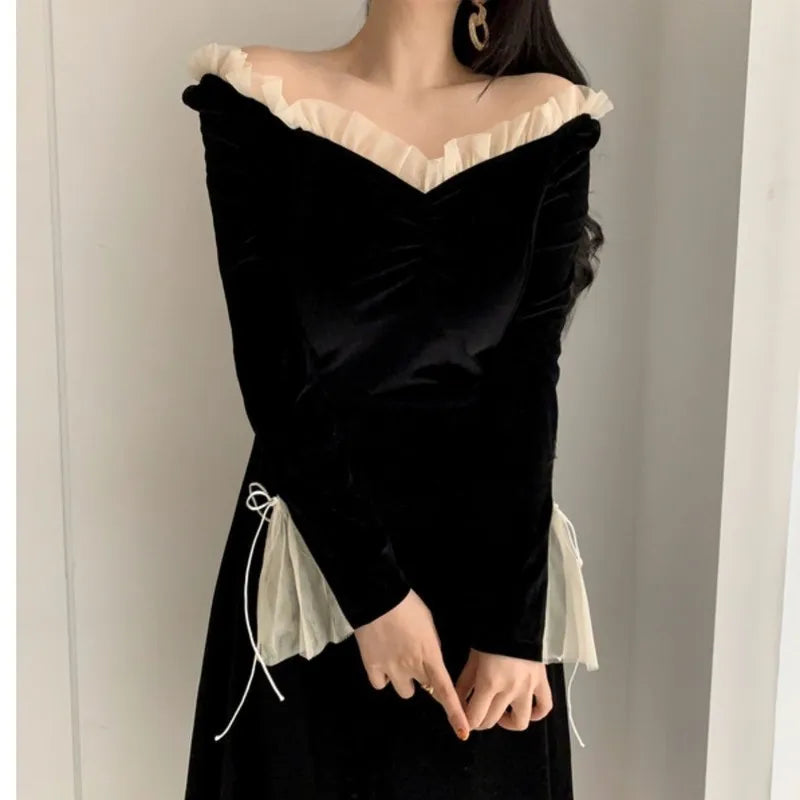 nvxiot-Antumn Winter Evening Party Midi Dresses Women Black Korean Fashion Elegant Vintage Dress Ruffle Long Sleeve One-piece Dress New