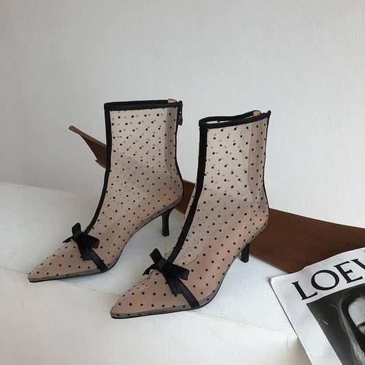 nvxiot Fashion Women Ankle Boots Pointed Toe Short Botas Pointed Toe Bow Design Thin Low Heels Back Zipper Fashion Boots Air Mesh Boots