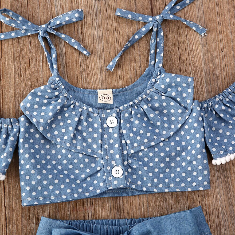 nvxiot Toddler Baby Girl Clothes Set Blue Dots Off Shoulder Top +Tied Skirts +Shorts 3PCS Suit Girl Clothes For 1to 5Y