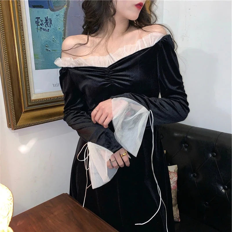 nvxiot-Antumn Winter Evening Party Midi Dresses Women Black Korean Fashion Elegant Vintage Dress Ruffle Long Sleeve One-piece Dress New