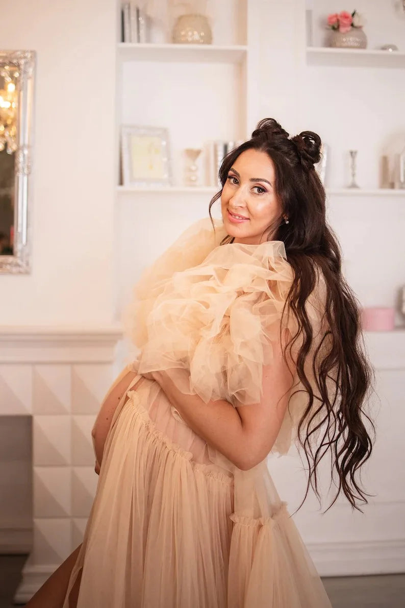 nvxiot  -  Chic Pregnancy Photoshoot Women Dress Fluffy Tulle Maternity Gown 2024 Beige Long Train Maternity Dresses Babyshower Robe Custom