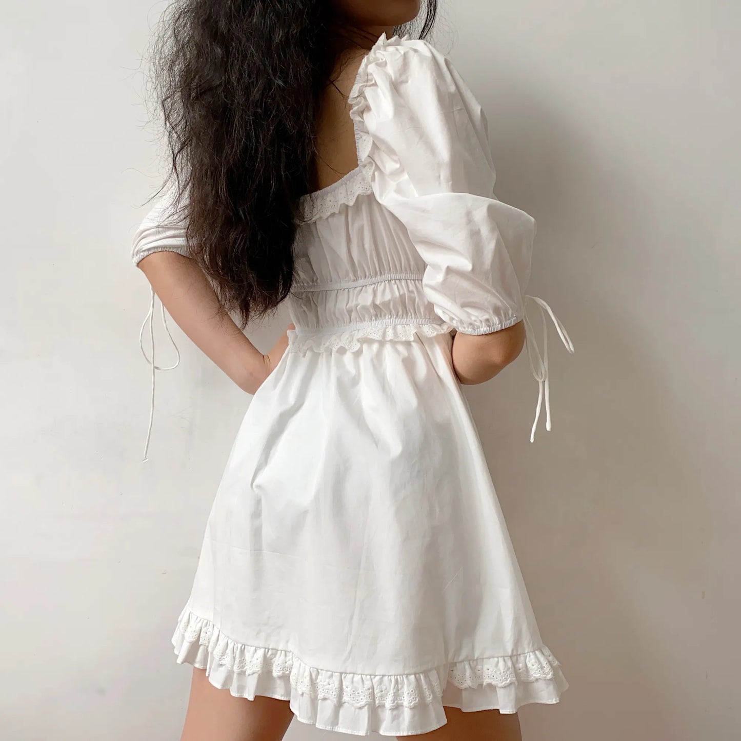 nvxiot  -  French Retro Palace Lace White Lantern Sleeve Dress