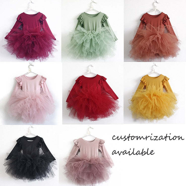 Baby Girl Princess Tulle Dress Fluffy Long Sleeve Infant Toddler Puffy Dress Tutu Black Green Party Pageant Dance Clothes 1-10Y