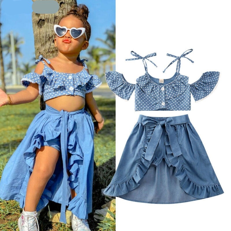 nvxiot Toddler Baby Girl Clothes Set Blue Dots Off Shoulder Top +Tied Skirts +Shorts 3PCS Suit Girl Clothes For 1to 5Y