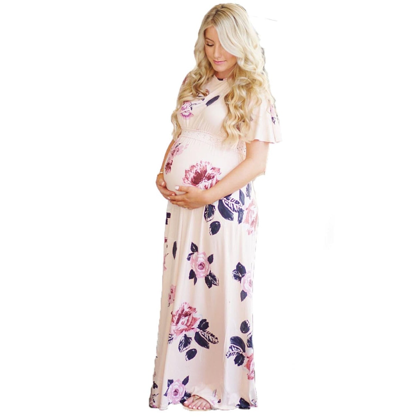 Maternity Dresses for Baby Showers Elegant Pregnant Women Short Sleeve Lace Floral Maxi Long Dress Pregnancy Clothes Photo Shoot