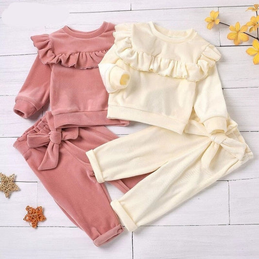 nvxiot Newborn Baby Girl Fleece Ruffle Clothes Set Sweatshirt+Pant 2PCS Child Sleepwear Warm Home Suit Winter Spring Autumn 0-2Y