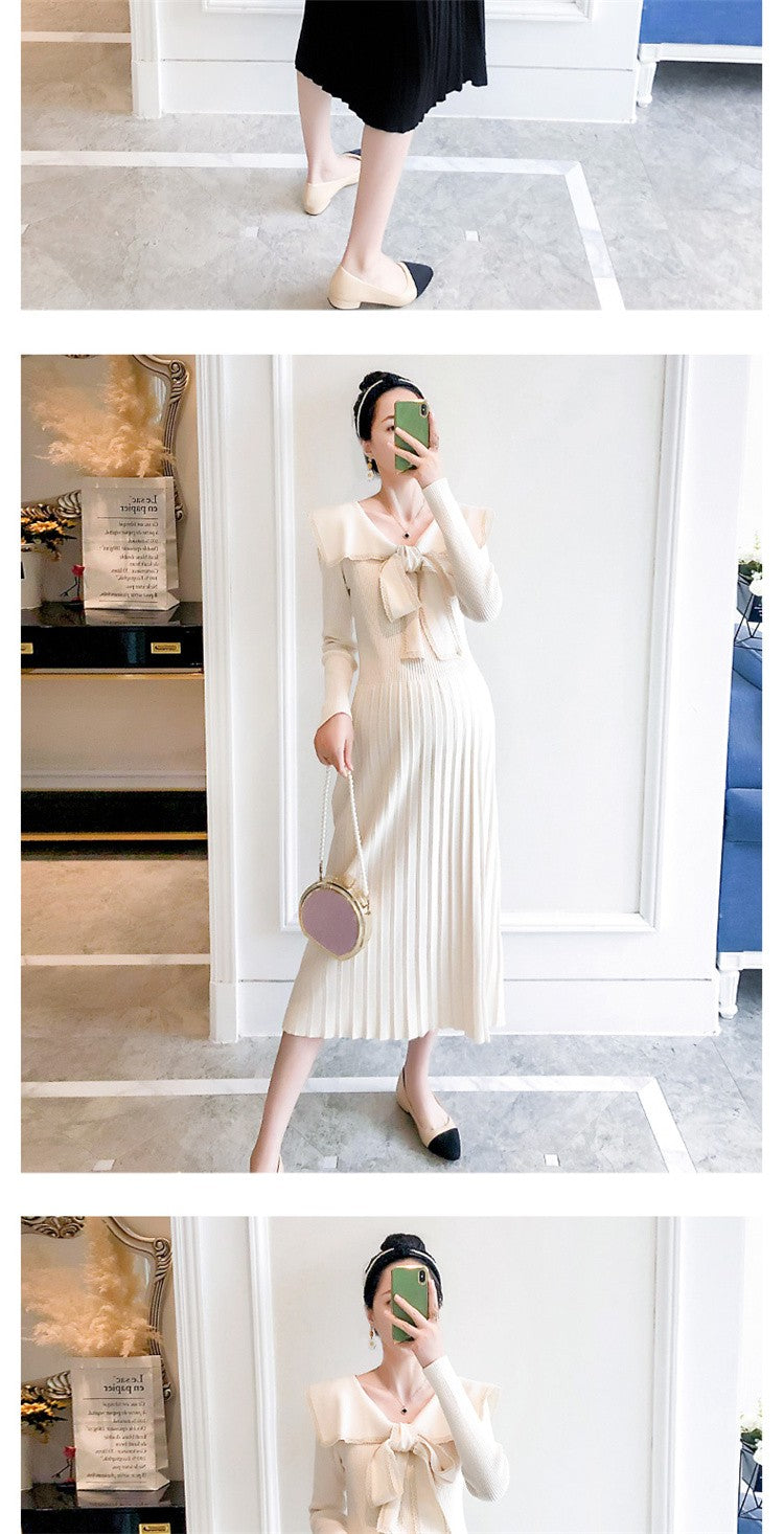 Maternity Dresses Knitted Pleated Long Pregnancy Dress Casual Loose Lace bow Maternity Clothes For Pregnant Women 2022 Autumn