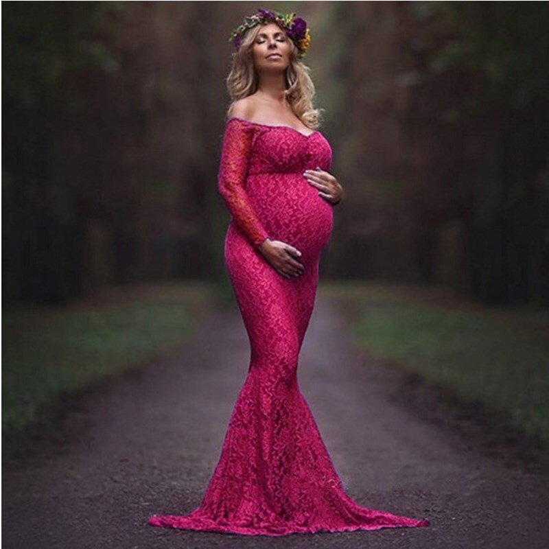 nvxiot 2023 Mermaid Maternity Dresses For Photo Shoot Lace Maxi Maternity Gown Off Shoulder Sexy Women Pregnancy Dress Photography Prop