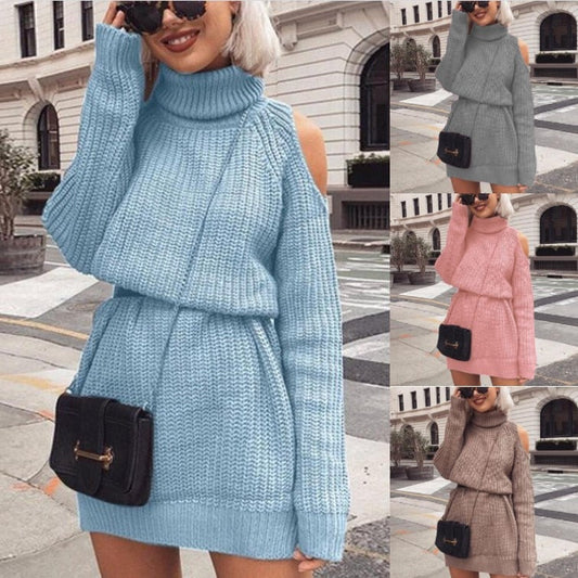 nvxiot school outfit  Turtleneck Knitwear Women's Dresses Autumn Casual Fashion Office Lady Off Shoulder Female Winter Long Sleeve Midi Sweater Dress