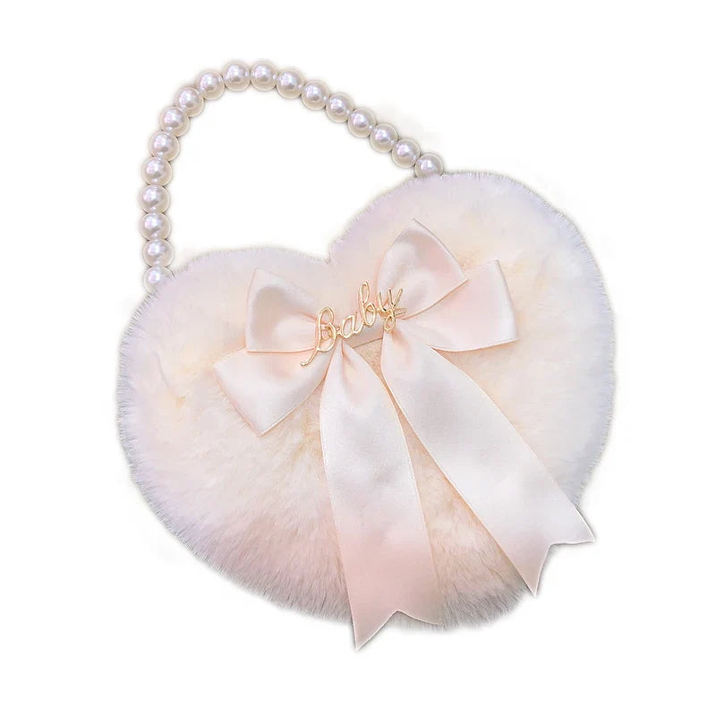 nvxiot Lolita Love Heart Shape Kawaii Plush Handbag Pearl Chain Plush Bowknot Girls Anime Cosplay Harujuku Pink White Lolitas Bags