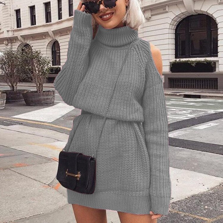 nvxiot school outfit  Turtleneck Knitwear Women's Dresses Autumn Casual Fashion Office Lady Off Shoulder Female Winter Long Sleeve Midi Sweater Dress