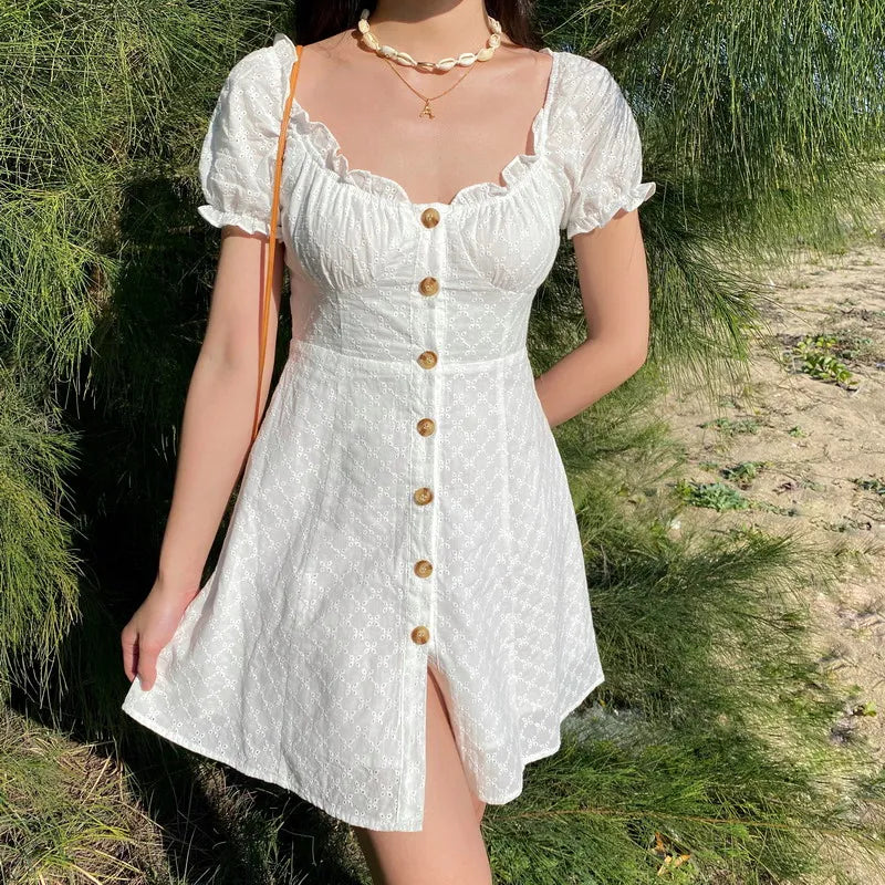 nvxiot  -  French Minority Retro Bubble Sleeve Short Skirt Button White Lace Short Sleeve Dress