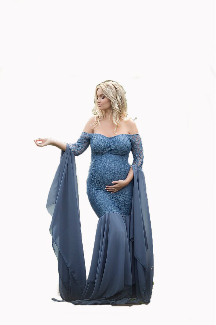 nvxiot Long Maternity Photography Props Women's Lace Stitching Pregnant Women's Long Sleeve Dress Flying Sleeve Dress  for Photo Shoot