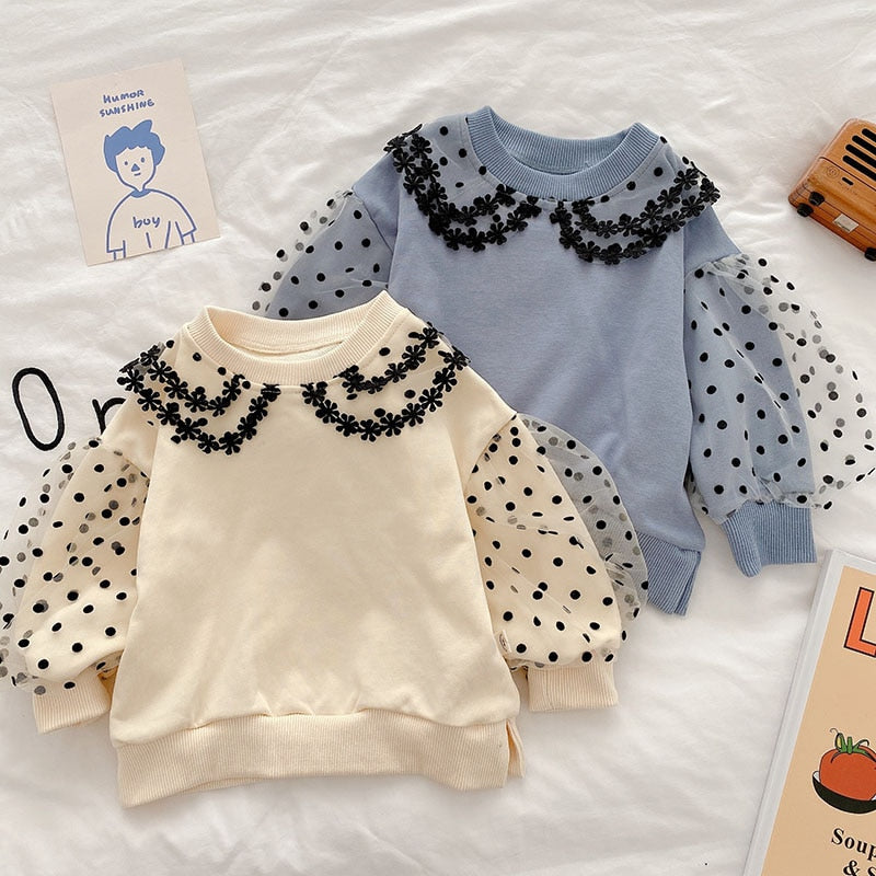 Autumn New Girls Blouse Puff Sleeve Girls Shirts Lace Dot Base Tops Kids Outfit