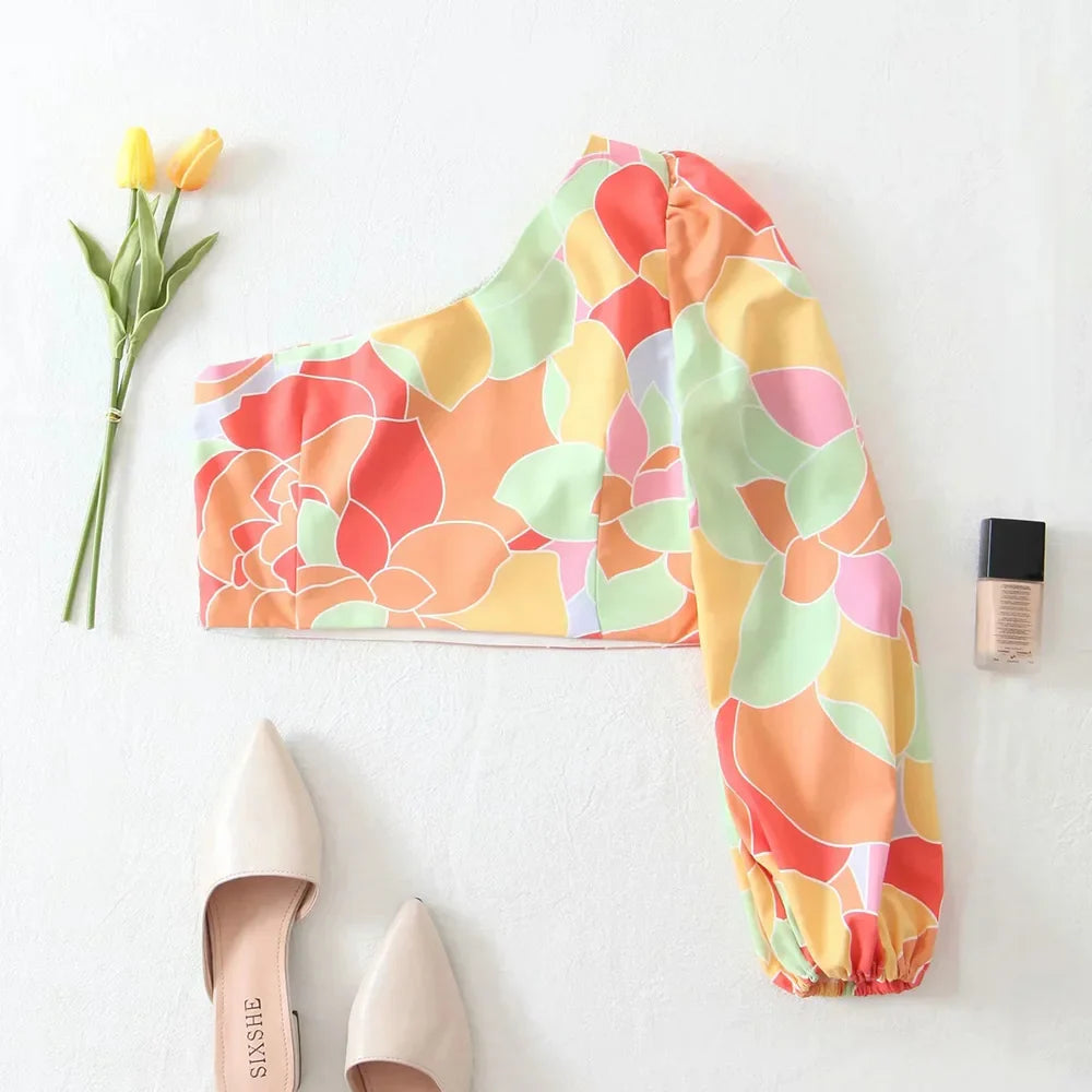 MQTIME  - Summer Women Vintage Casual Two-Piece Set Color Print Asymmetrical Sleeves Shirt Female Slim High Waist Mini Skirt  Set