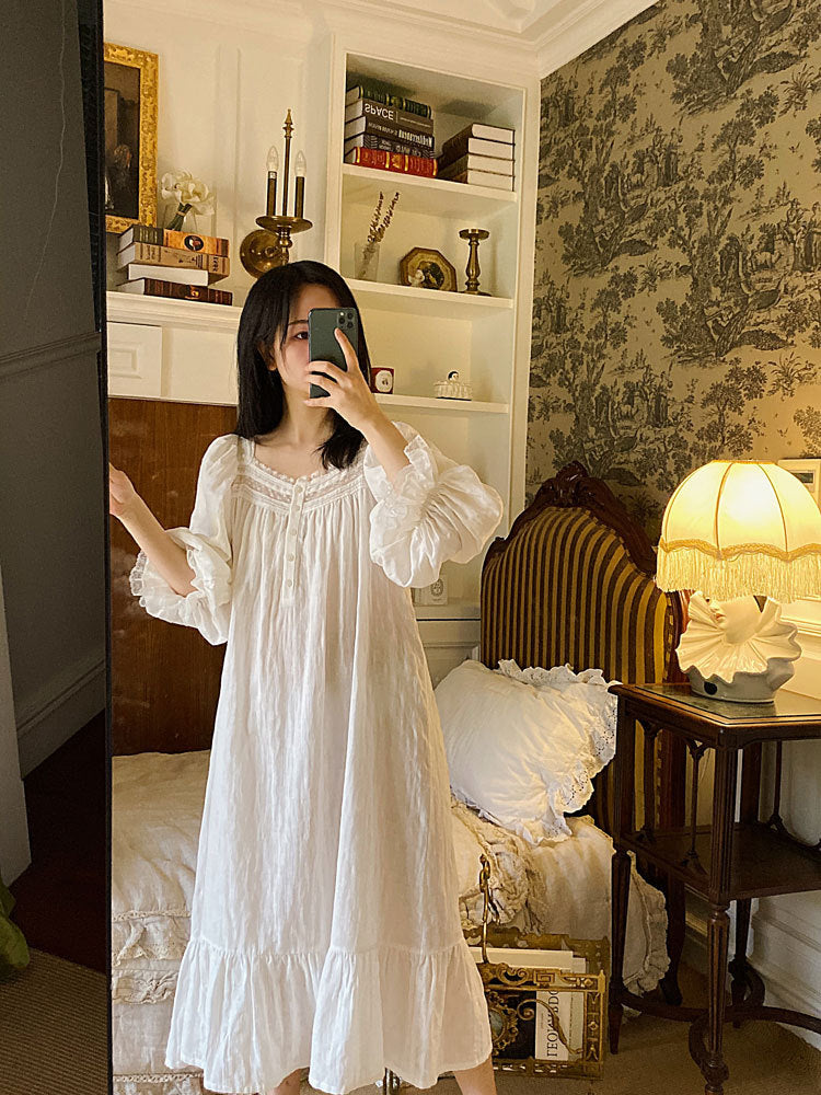 nvxiot Kawaii Women's Nightdress Long Sleeve Summer Spring Ladies Homewear Lace Square Collar Korean Style Nightwear For Female