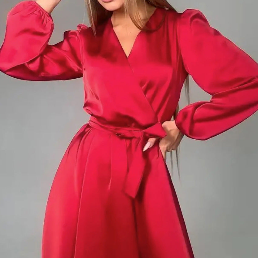 2025 Green satin V-neck lantern sleeve lace-up apron dress popularwildberries spring hot new products women