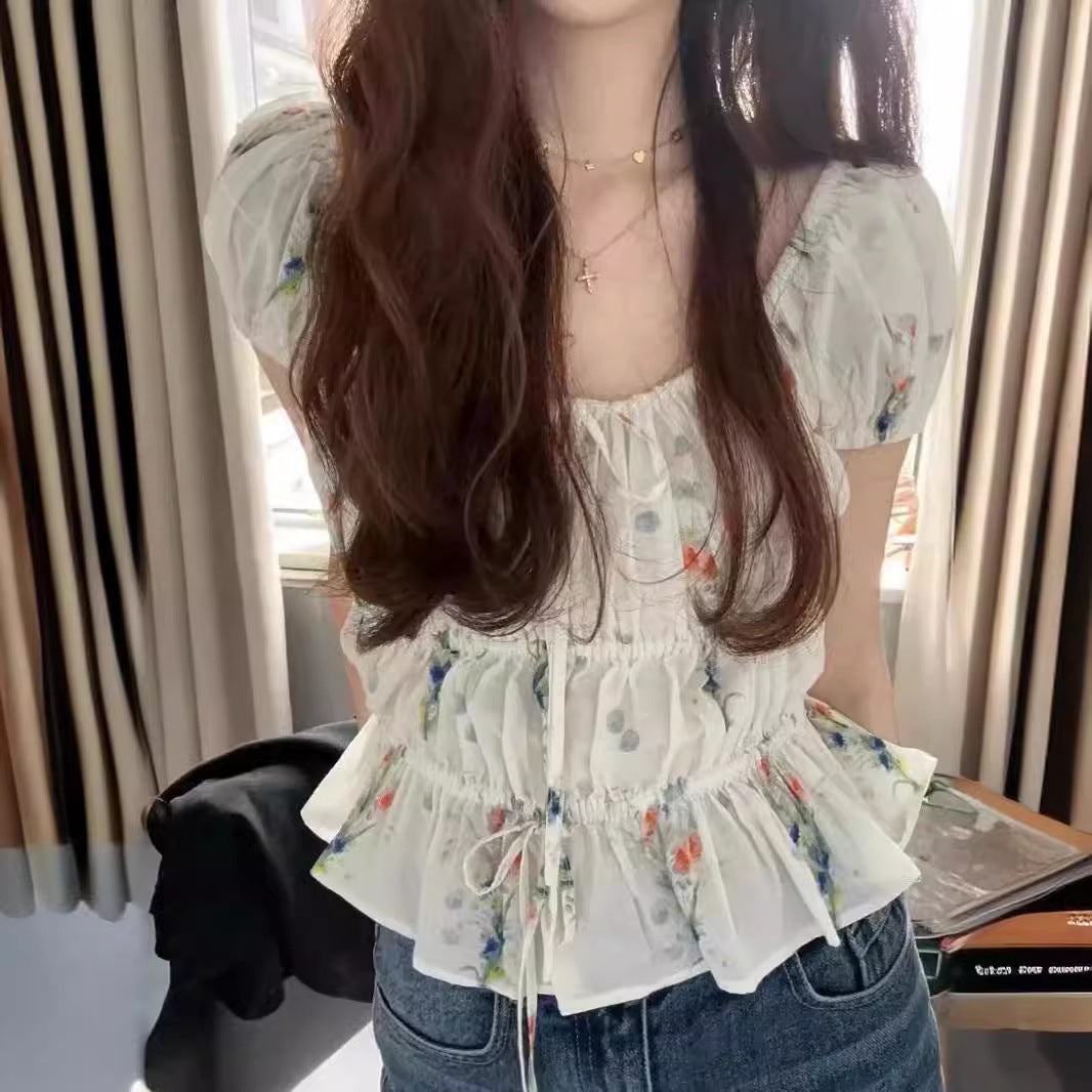 2025 n DO24 spring and summer new  lace-up pure flower drawstring large round neck bubble sleeve shirt 31865