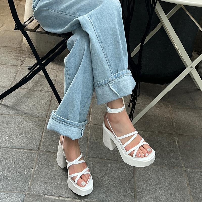 Summer New Chunky Heel Sandals Women's Thin Strap Platform Open Toe High Heels Cross Strap Korean Style Roman Shoes