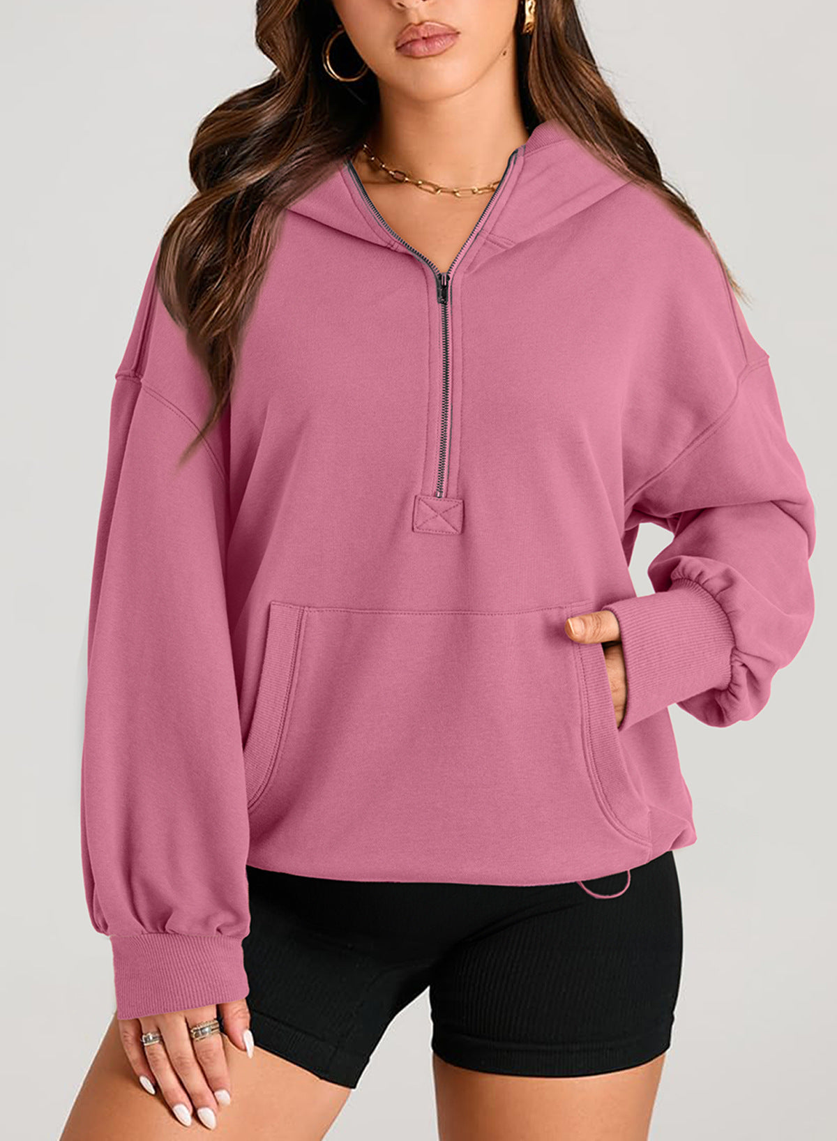 2025 autumn and winter  New  women's solid color long-sleeved hooded solid color zipper pocket sweater women's top