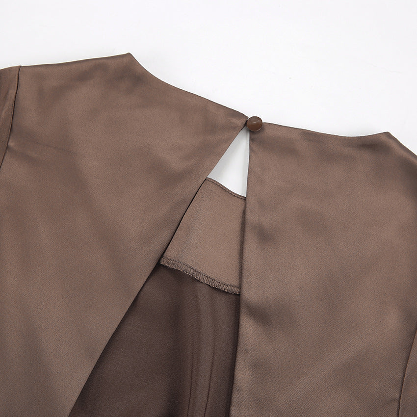 2025 Blue satin matte imitation silk horn sleeve casual dress   new autumn fashion short skirt women