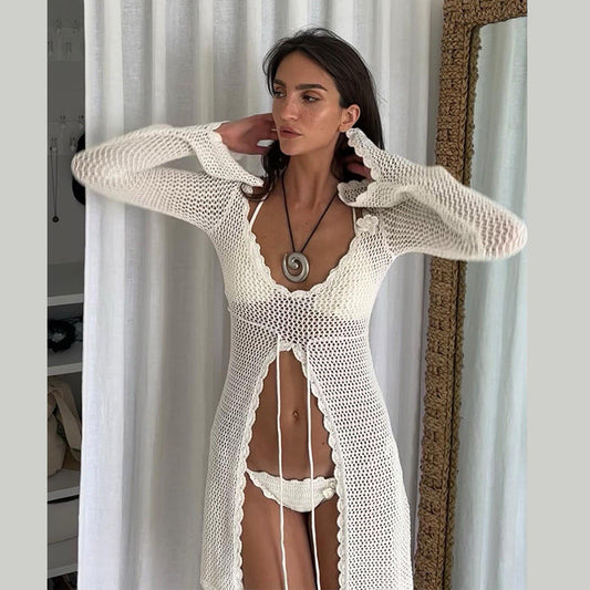 nvxiot-shop discover style ideas 2024 Summer New Beach Dress Women's Solid Color Sexy Knitted Hollow Bikini Swimsuit Cover-up Clothing